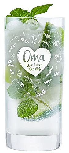AMAVEL Wasserglas für Oma, Trinkglas mit Gravur Blumenherz, Herz Glas Geschenkidee, Saftglas Küchenzubehör, Geburtstagsgeschenk für Frauen, Graviertes Geschenk für Großmütter, 500 ml