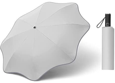 Meichoon Regenschirm mit abgerundeten Ecken, Sonnen- und Regenschutz, mit reflektierendem Streifen, leicht, UV-Schutz, Vollglasfaser, Skelett, 8 Rippen, für Damen und Herren, Weiss/opulenter Garten,