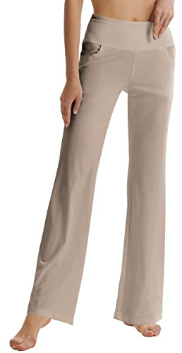 LaiEr Damen Bootcut Yogahose mit Taschen, hohe Taille, ausgestelltes Bootleg Yoga Workout Hose mit Seitentaschen, Hellbraun,XL