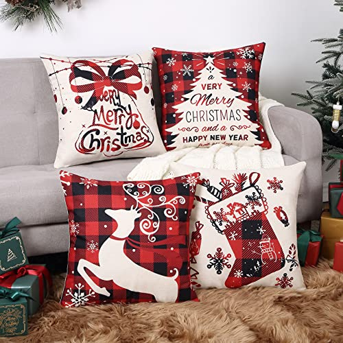 LuxFocus Christmas Cushion Cover, Faux Linen Red Decorative Christmas Tree Throw Pillow Case Cushion for Sofa Living Room Bed Couch Car Square Pillowcase, 18 x 18 Inch