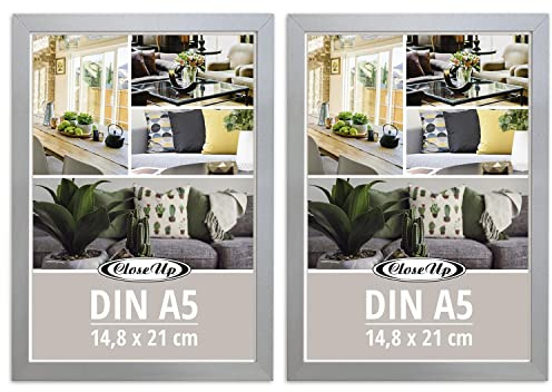 Close Up Bilderrahmen 2er Set DIN A5 (14,8 x 21 cm) | Holzdekor (MDF) Silber mit Rückwand und Aufsteller | PVC-Scheibe (unzerbrechlich) Profilbreite 15 mm