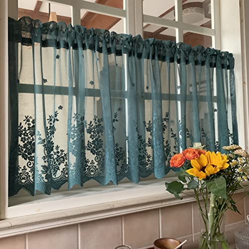A.Monamour Short Curtain for Small Window Sheer Transparent Voile Curtain Net Curtain with Floral Embroidery Lace Valance Panel Drapes Half Curtain for Kitchen Bistro Door Curtain Dark Green