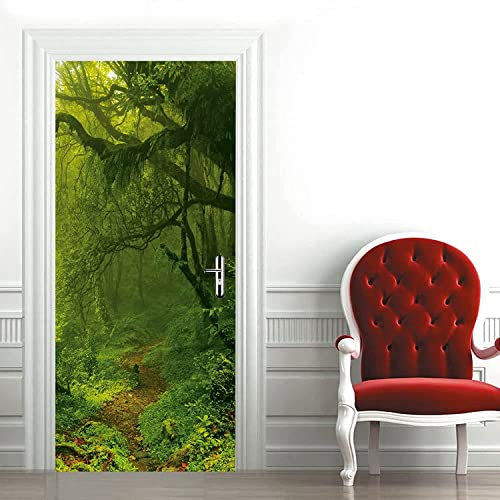 Etiqueta Engomada De La Puerta 3D Árbol Verde Selva Selva Paisaje Natural Mural Autoadhesivo Decoración Del Hogar Pegatinas De Pared Dormitorio Sala De Estar Póster Removible Pegatinas De Arte- 77 X