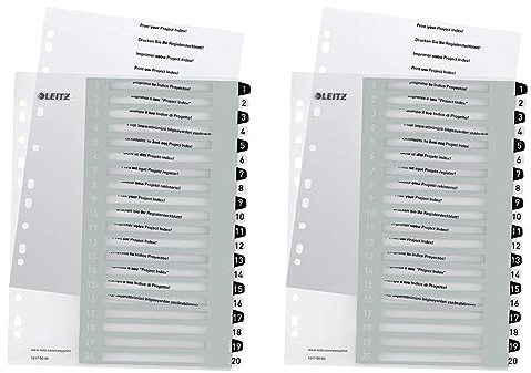 Leitz Register für A4, PC-beschriftbares Deckblatt und 20 Trennblätter, Taben mit Zahlenaufdruck 1-20, Überbreite, Weiß/Schwarz, Polypropylen, WOW, 12170000 (Packung mit 2)