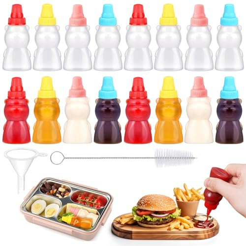 Hoemwarm 18Pcs Mini Condiment Squeeze Bottles Set,16 Pcs 25 Ml Bear Shaped Mini Ketchup Bottle for Lunch Box with Cleanbrush Funnel Accessories for Ketchup, Liquids, Sauces Syrup
