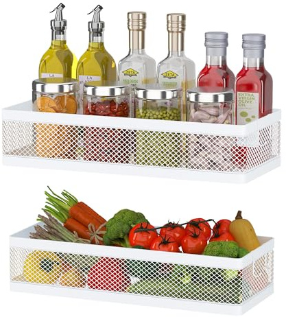 PUSDON Hanging Storage Baskets Organizer Wall Mount, Metal Wire Storage Bin Rack for Kitchen Bathroom Shower Spice Shelf Home Decor Essentials White-2 Packs (Netting)