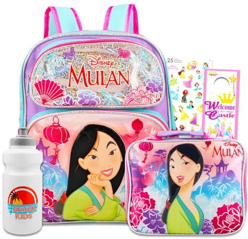 Disney Mulan - Juego de mochila y lonchera para niños, paquete con mini mochila Mulan de 12 pulgadas, bolsa de almuerzo Mulan, calcomanías, botella de agua, más | Mulan Mini mochila para niñas, Mulan