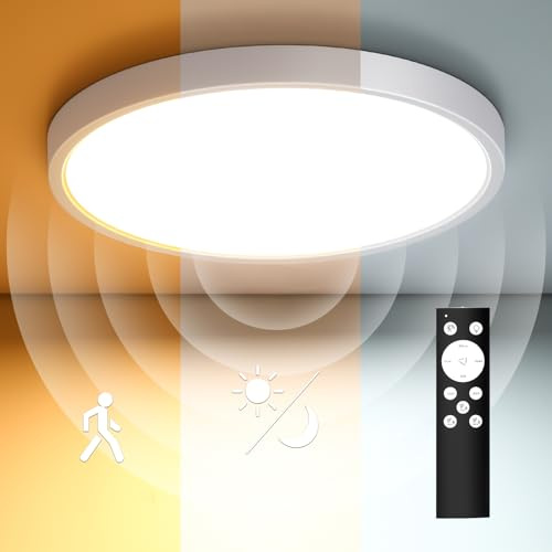 Letlit LED Deckenleuchte mit Radar Bewegungsmelder, 20W 2000LM Deckenlampe Dimmbar mit Fernbedienung, IP54 4000K Lampe Bewegungssensor Innen für Bad, Flur, Treppe, Garage, Keller, Balkon 23cm