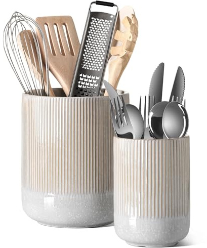 LE TAUCI Portautensilios, 18.5+14cm Cerámica Soporte para Utensilios de Cocina, Grande Botes para Encimera de Cocina, Moderno Organizador para Espátulas, Set de 2, Mármol Beige Esmaltado