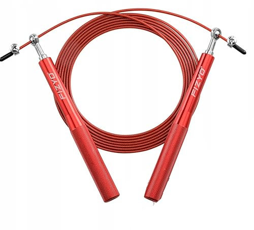 Fizyo Springseil aus massivem Stahl, Jump Rope für Speed Skipping,verstellbare Stahlseile bis zu 330 cm, Sprungseil Erwachsene, ideal für Fitness und Training (Rot)