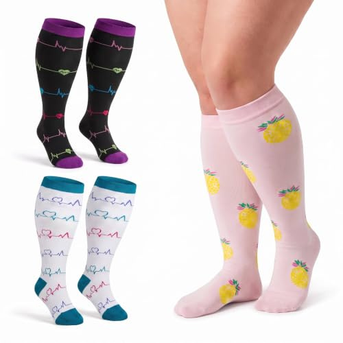 LEOSTEP 2XL-5XL Plus Size Kompressionssocken Kompressionsstrümpfe Übergröße für Männer & Frauen, breite Waden (3 Paar) – Unterstützung bei Wandern, Reisen & Alltag
