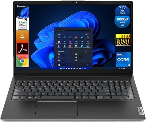 Lenovo Notebook V15 G4, Display Laptop 15.6'' Full HD, CPU Intel Core i7 di 13th Generazione, Ram 24GB DDR4, 1TB (1000GB) SSD NVMe, Windows 11 Pro, Libre Office, Portatile Pronto All'Uso