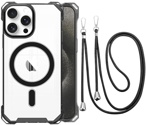 CAROKI Crossbody Lanyard Case for iPhone 14 Pro, Ultra Clear Hard Back Magnetic Case Compatible with MagSafe Bumper with Strap Adjustable Neck Cord Necklace Cover for iPhone 14 Pro-Black