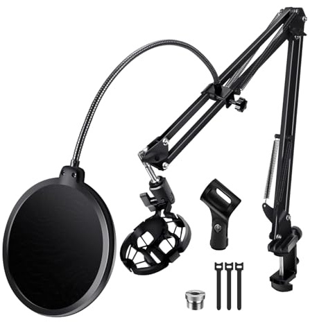 BILIONE Microphone Stand, Mic Boom Arm Stand for Blue Yeti QuadCast S SoloCast Snowball AM8 and other Mics, with Pop Filter Shock Mount Microphone Clip Cable Ties