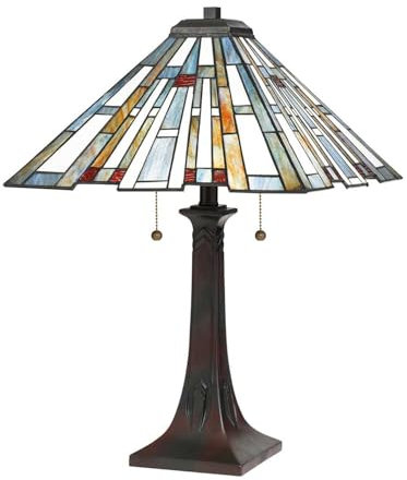 Licht-Erlebnisse Tischleuchte Tiffany Stil 62,9 cm hoch 2 Zugschalter Glas Metall in Bronze Antik Bunt 2x E27 Tischlampe Wohnzimmer Büro Nachttischlampe