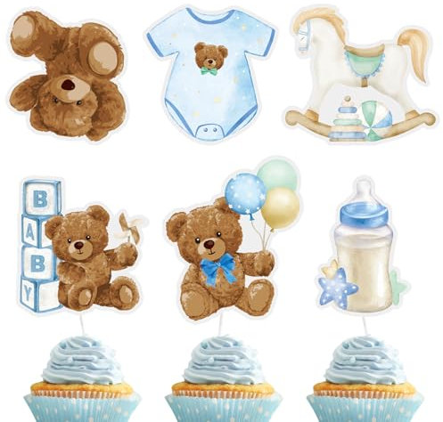 GEBETTER 24Pcs Toppers Tarta Baby Shower Bautizo Niño, Decoración Adorno Pastel Torta Papel Cartón Cartulina Osito Biberón Ropa Bebé Caballo Madera Fiesta Cumpleaños Nacimiento Gender Reveal (Azul)