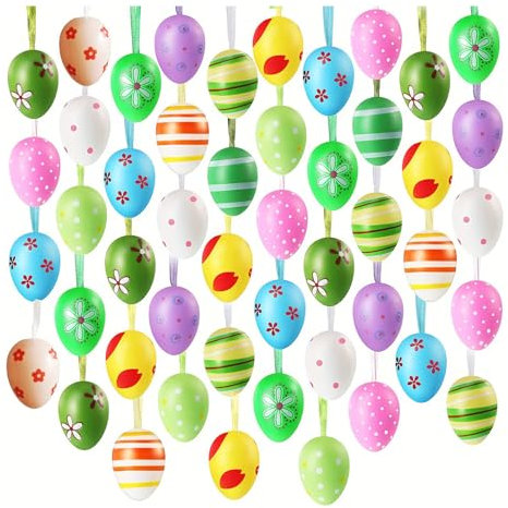 peiyee 48 Stück Bunte Ostereier Plastik zum Aufhängen 6cm Bunte Ostereier aus Kunststoff mit Schnur, DIY Bemalte Kunststoff Eier, Oster Eier zum Aufhängen für Osterschmuck Outdoor (Zufälliges Muster)