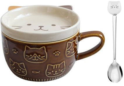 Taza Gato Cerámico Taza, 300ml Tazas de Café con Tapa, Linda Hecho a Mano Té Tazas con Cuchara, Cerámica de Animales Novedosos, para Niñas, Niños, Amigas, Mamás