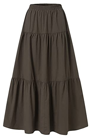 Fleece Women Spring Summer Casual High Waist Cotton Linen Plain Pleated Loose Swing Half Skirt Maxi Girls, brown, S