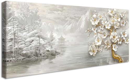Mit Rahmen Groß Leinwand Bilder Grau Weiß Landschafts Leinwandbilder Weiße Magnolienblüte Bilder auf Leinwand Malerei Bild Gold Floral Baum Wandbilder Wohnzimmer Schlafzimmer Wanddekoration 50x120cm