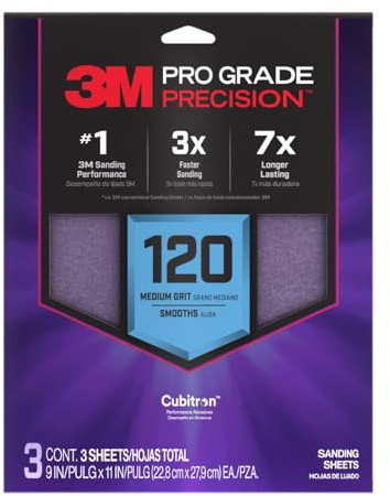 3M Pro Grade Precision Sanding Sheets with No-Slip Grip, 9 x 11 in, 120 Grit, 3-Pack (SHR120-PGP-3T)
