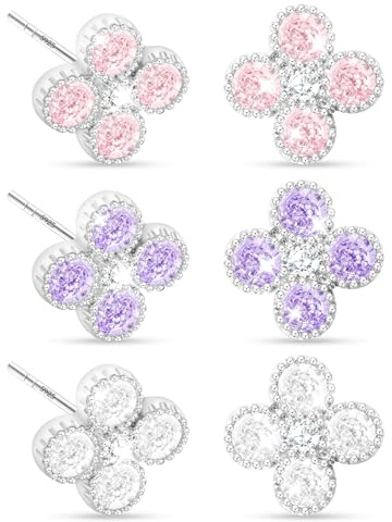 3 Pairs Clover Earrings Sterling Silver Stud Earring for Women and Girls,Cubic Zirconia Flower Sleeper Studs in White/Purple/Pink,Hypoallergenic Four Leaf Lucky Charm Jewelry Gift Set for Birthday