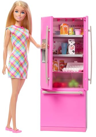 Barbie, Conjunto de Juego de Cocina y muñeca, Nevera y 10 Accesorios, incluida Comida, con Hoja de Pegatinas, JKB52