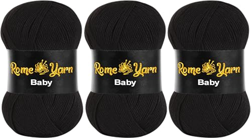 Baby Wolle | 3 × 100g | DK Garn | 100% Antipilling Acryl | Weich & Hautfreundlich | Stricken & Häkeln | Uni Farbe (940 Schwarz)
