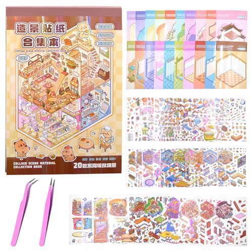 20PCS DIY House Stickers Kit 3D Miniature Scene Sticker Therapy for Kids and Adults with 2 Tweezers, Creative Reusable Sticker Book for Stress Relief Crafting