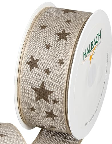 Halbach Leinen-Geschenkband Sterne, 40 mm x 15 m, natur/leinen | Leinenband mit Sternendruck und formbarer Drahtkante, Made in Germany für Geschenke und Weihnachtsdekoration