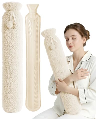 KEPLIN Extra Long 2L Hot Water Bottle with Super Soft Fleece Cover, Durable Natural Rubber, Long Lasting Warmth for Neck, Back & Body, Winter Comfort - Cream