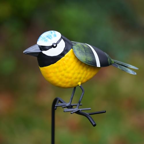 Blue Tit on Stick Metal Garden Ornament Stake Robin Bird Statue Tin Decoration | British Bird Watcher Gardening Large Gift