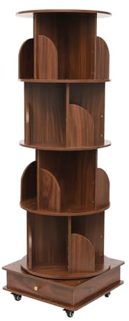 Ecoggeder Drehbares Bücherregal 360° Bücherschrank Hoch 46x46x142cm Holz-Eck-Bücherregal mit 4 Fächern, Standregal Aufbewahrungsregal, Offene Bücherregale für Schlafzimmer, Wohnzimmer, Nuss-braun