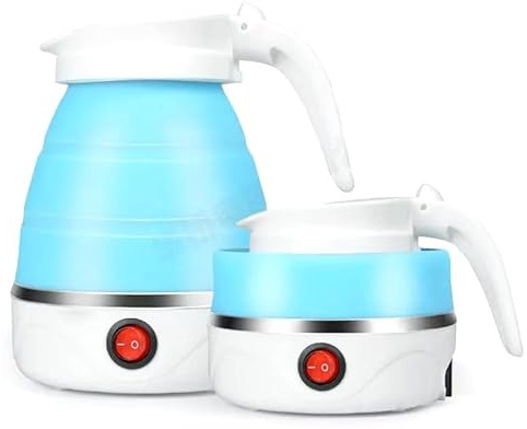 Mini bollitore elettrico pieghevole, da viaggio, 500 ml, 110-220 V, spegnimento automatico, mantiene caldo, previene le ustioni a secco, portatile in silicone for uso alimentare(Blue)