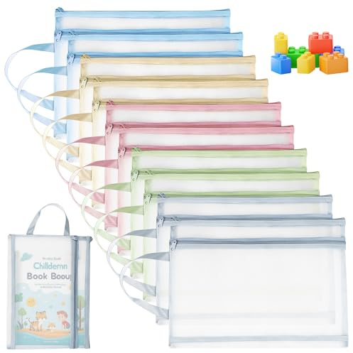 Confezione da 10 sacchetti con chiusura lampo, in rete trasparente, con manico, per giocattoli, puzzle, mattoncini, utensili da viaggio