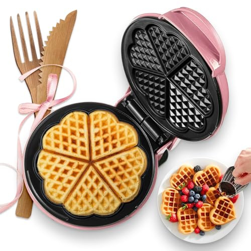 GVAKMM Minigofrera Roja (Corazón), Gofrera Pequeña Keto, Máquina de Gofres Mini para Niños, Familias y Solteros, Placas de Cocción Antiadherentes de 18 cm con Calentamiento Rápido y Uniforme