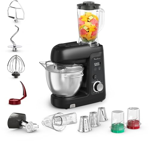 Moulinex - Bake Partner Robot Pâtissier - 1100w - Noir | Robot pâtissier avec balance intégrée - Fouet, batteur, crochet, hachoir à viande, découpe-légumes et hachoir inclus