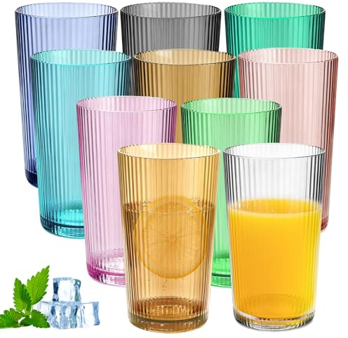 ADEMOKE 10 Stück Kunststoffgläser 432 ml, Bunte Plastikgläser Trinkgläser Set, Campinggläser aus PC, Wiederverwendbare Trinkbecher Plastik für Camping, Party & Alltag