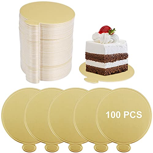 HONZUEN Lot de 100 Mini Planches à gâteau Rondes - pour Mousse et Dessert - Respectueux de l'environnement - Réutilisable - pour Mariage, Anniversaire (8 cm) (Or)