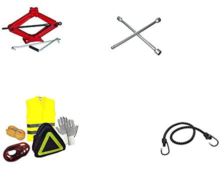KIT ASSISTENZA SOCCORSO COMPLETO KIT PER AUTO EMERGENZA STRADALE CRIC+GUANTI+CAVI BATTERIA+CORDA TRAINO+GIUBBOTTO FLUO+CHIAVE A CROCE PRODOTTI SOS PER TUTTI I VEICOLI