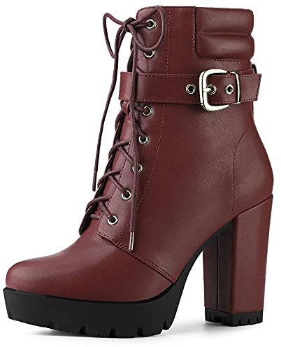 Allegra K Women's Platform Ankle Boots Lace Up Block Heels Burgundy Combat Boots 9 M US