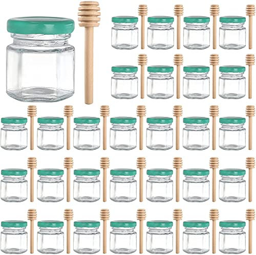 Tebery 30 Stück 45ml Mini Hexagon Glas Honiggläser mit Holzlöffel, kleine Honigtopf Marmeladengläser, perfekt für Babyparty, Hochzeitsgeschenke, Partygeschenke, grüne Deckel