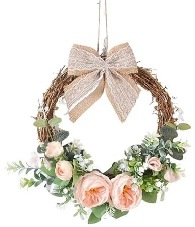 Artificial Peony Wreath Handmade Flower Wreath with Green Leaves Spring Grapevine Wreaths Wall Hanging Pendant for Door Farmhouse Party Wedding Home Decor