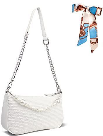 Right 20 Damen Handtasche Klein Weiß Mini Schultertasche mit Perlenkette Weiß Umhängetasche Frau Vintage Handtasche Clutch Geldbörse Messenger Bag