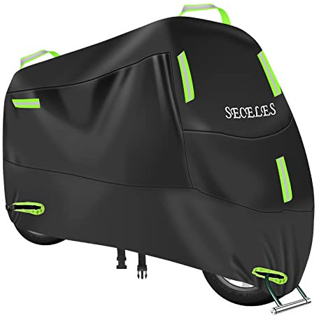Motorbike Cover Waterproof Outdoor Indoor, 300D Oxford Motorcycle Scooter Moped Cover Rain Dust Protection with 7 Reflective Strips and 2 Windproof Buckles, 2 Lock Holes (XL: 91x37x49 inch)