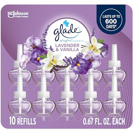 Glade PlugIns Refills Air Freshener, Scented and Essential Oils for Home and Bathroom, Lavender & Vanilla, 6.7 Fl Oz, 10 Count