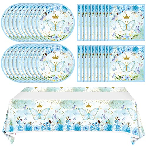 Juhap Service de table papillon bleu, 20 pièces, assiettes, serviettes, nappe pour 20 invités, thème papillon pour fête prénatale ou fête d'anniversaire