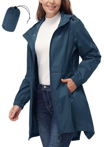 33,000ft Women's Waterproof Long Rain Coats Packable Rain Jacket with Hood Trench Coats Windbreaker