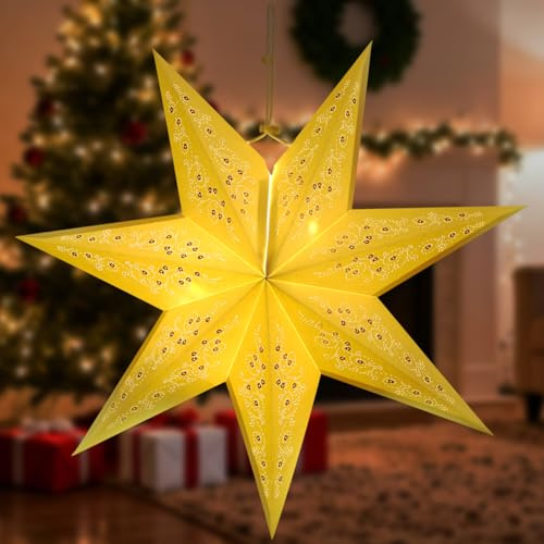 LIOOBO Paper Star Lantern Lampshade Star Light Cover Garland Lantern Pendant Xmas Tree Topper for Christmas New Year Birthday Wedding Home Party Dercor Indoor and Outdoor 17.7 Inch