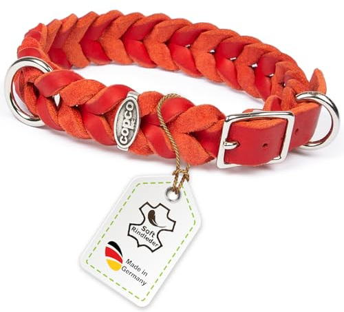 CopcoPet Hundehalsband aus Fettleder 30–34 cm x 15mm Rot – Geflochtenes Lederhalsband – verchromt mit Dornschließe – Robust & verstellbar – Für kleine Hunde, ideal für Alltag & Training